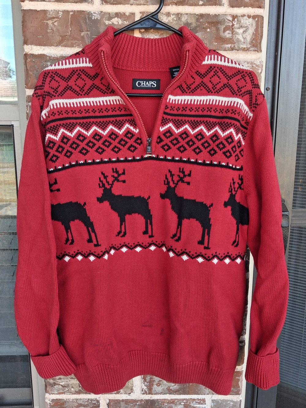 Chaps Red and Black Reindeer Fair Isle Half-Zip Sweater Sz S